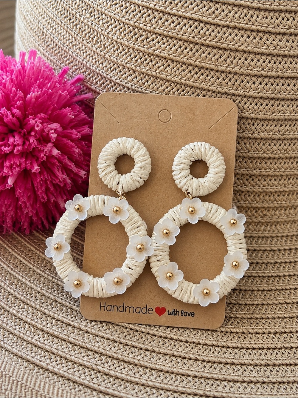 Handmade Raffia Flower Hoop Earrings | Boho Floral Statement Earrings